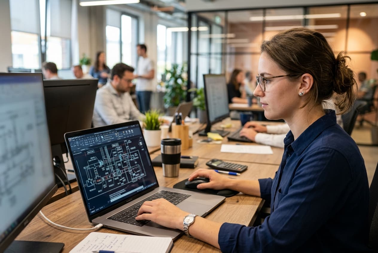 Projeteuse travaillant sur des plans techniques, dans un bureau d'études en espace ouvert