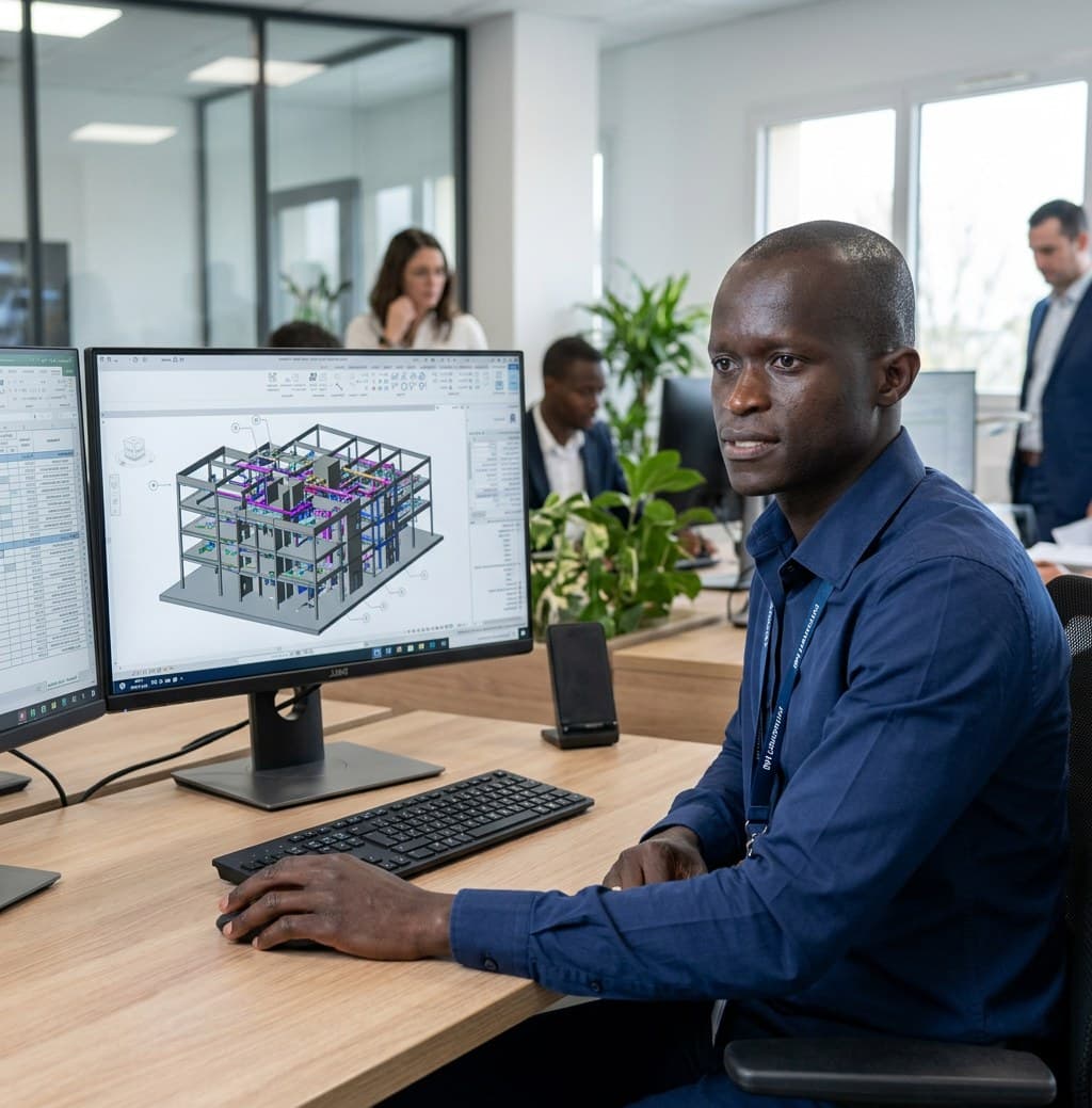 Projeteur travaillant sur une maquette numérique de structure, dans un bureau d'études en espace ouvert