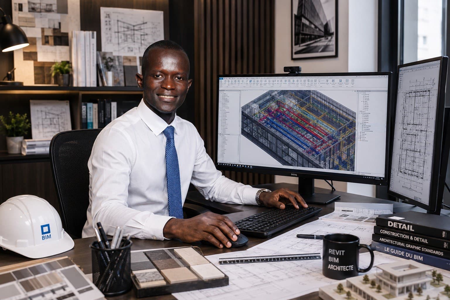 Mouhamet BADJI à son poste de travail, devant une maquette numérique de réseaux techniques